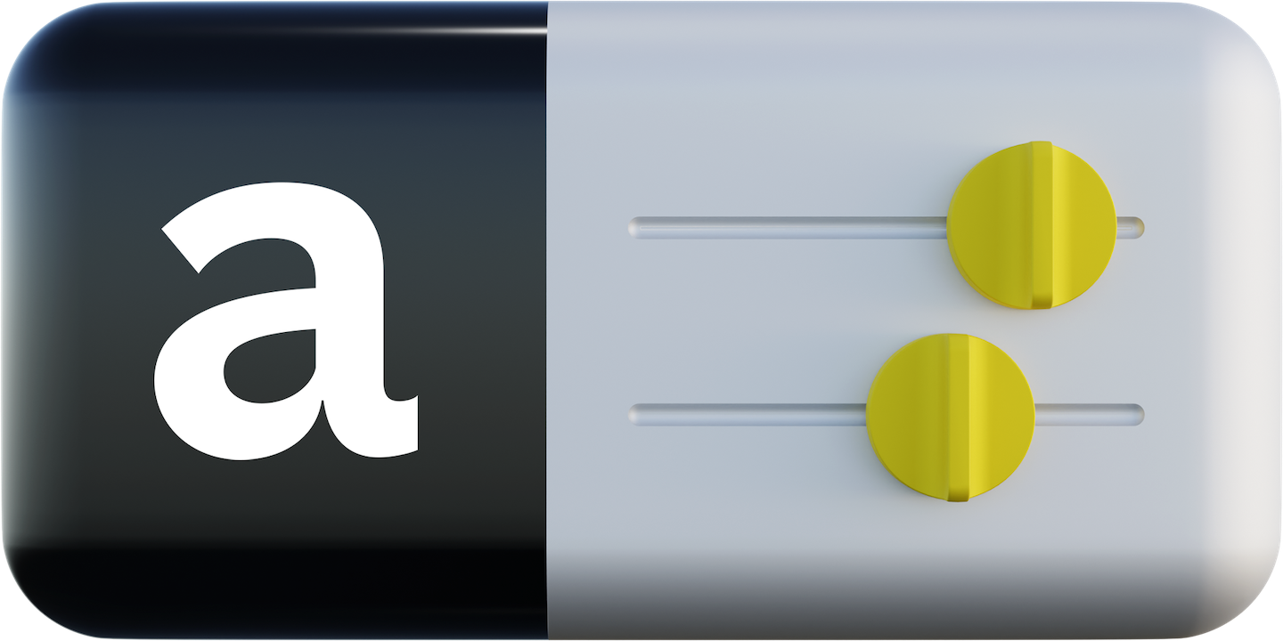 Web extension illustration, a simplified 3d rendering showing three buttons, a slider and a digital screen with a lowercase a.